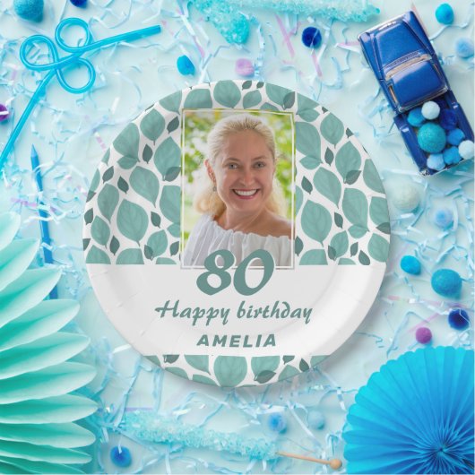 Turquoise Leaf Pattern 80th Birthday Party Foto Papieren Bordje (Feest)