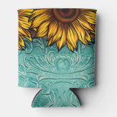 Turquoise Leather Tooled Bright Sunny Sunflower Blikjeskoeler (Voorkant)