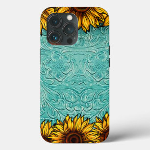 Turquoise Leather Tooled Bright Sunny Sunflower iPhone 13 Pro Hoesje