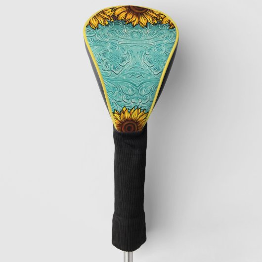 Turquoise Leather Tooled Bright Sunny Sunflower Golfheadcover (Voorkant)
