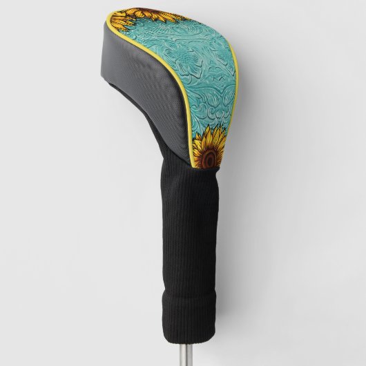 Turquoise Leather Tooled Bright Sunny Sunflower Golfheadcover (Schuin)