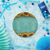 Turquoise Leather Tooled Bright Sunny Sunflower Papieren Bordje (Feest)