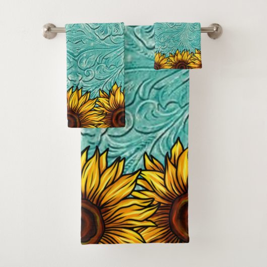 Turquoise Leather Tooled Bright Sunny Sunflowers (En situation)