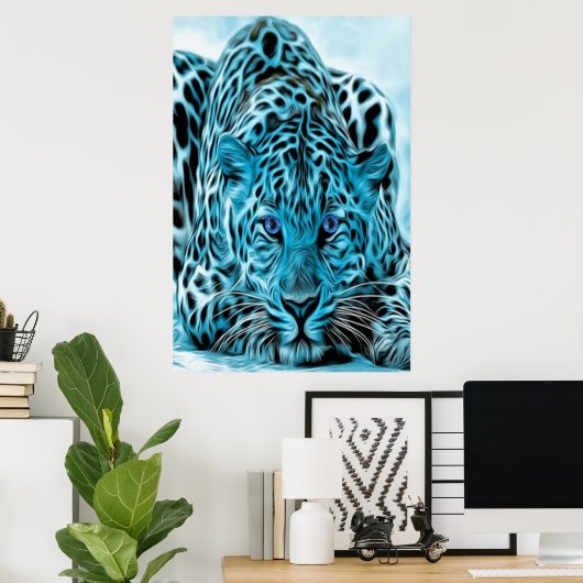 Turquoise leopard met blauwe ogen poster (Thuiskantoor)