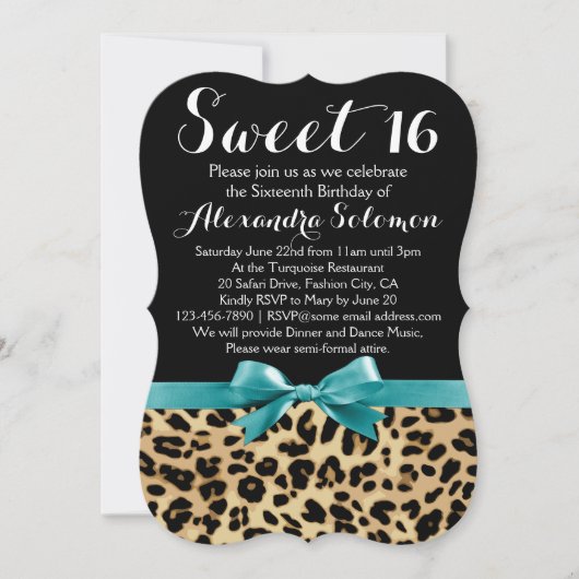 Turquoise Leopard Print Bow Sweet 16th Birthday Kaart (Voorkant)