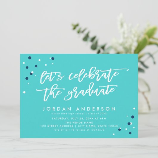 Turquoise Let's vieren de Afstuderen partij van he Kaart (Staand voorkant)