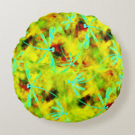 Turquoise libellen op Yellow Red Splash Rond Kussen