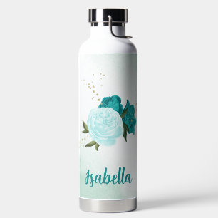 turquoise lichtblauwe bloemen waterfles