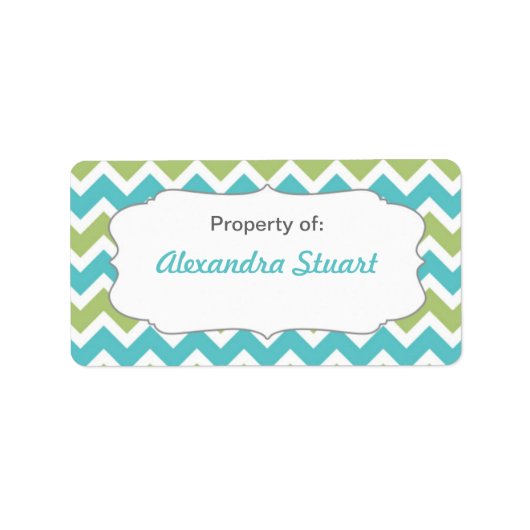 Turquoise & Limoen Chevron Eigendom van School ID Etiket (Voorkant)