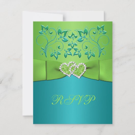 Turquoise, Limoen Floral Joined Hearts RSVP Card (Voorkant)