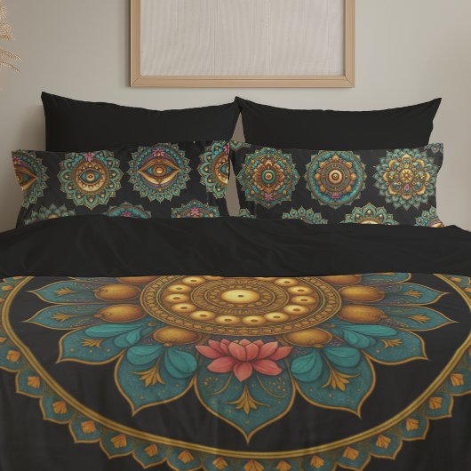 Turquoise Lotus Mandala - Reversible Black Boho Kussensloop