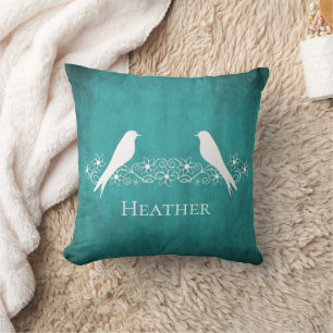 Turquoise Lovebirds Vin Floral Lisse Oreiller