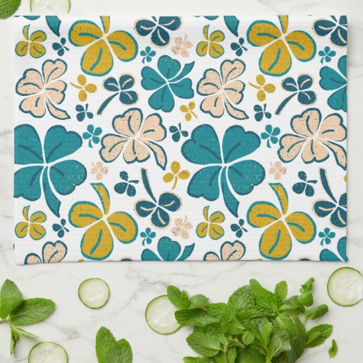 Turquoise Lucky 4 Leaves Shamrocks Clover Pattern Theedoek (Gevouwen)
