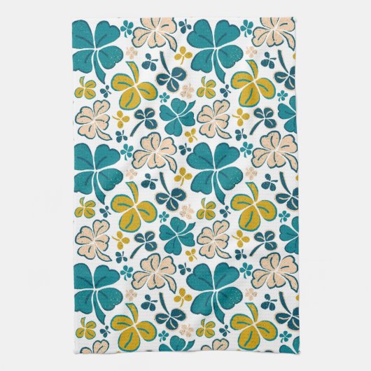 Turquoise Lucky 4 Leaves Shamrocks Clover Pattern Theedoek (Verticaal)