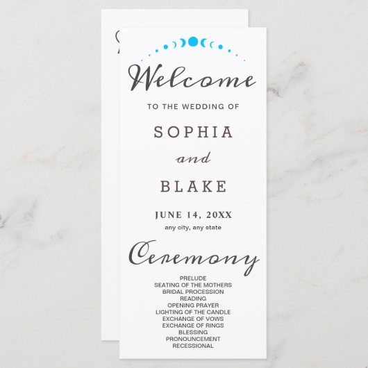 Turquoise maan fasen wit bruiloft programma (Voorkant / Achterkant)