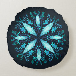 Turquoise Mandala - Blauwe Winter Sneeuwvlok Bloem Rond Kussen