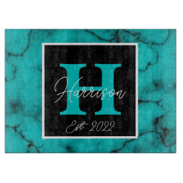Turquoise Marble Sophisticated monogram name year Snijplank