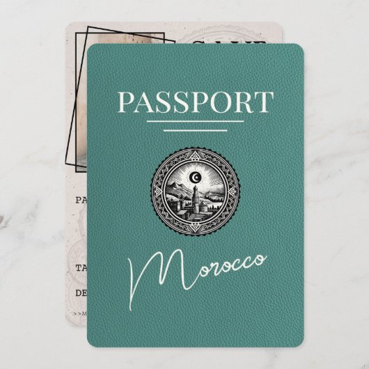Turquoise Marokko paspoort Bewaar de datum Save The Date (Voorkant / Achterkant)
