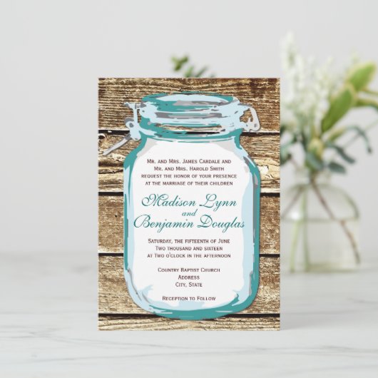 Turquoise Mason Jar Rustic Barne Faire-part de mar (Debout devant)