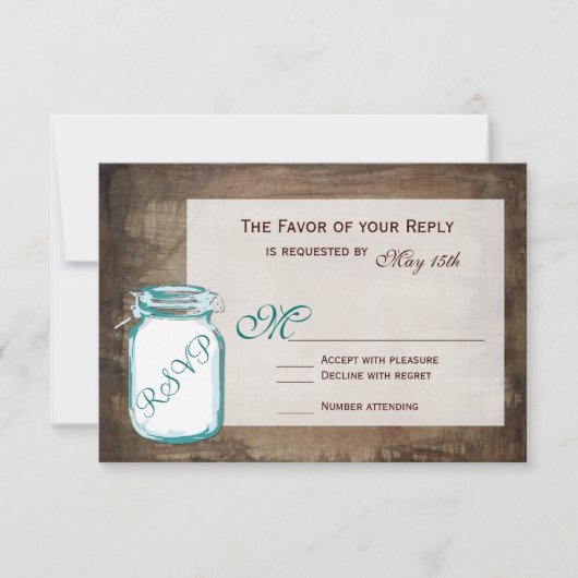 Turquoise Mason Jar Rustique Brown mariage Cartes (Devant)