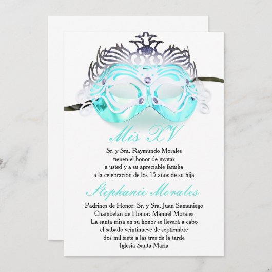 Turquoise Masquerade Quinceanera Invitation d'anni (Devant / Derrière)