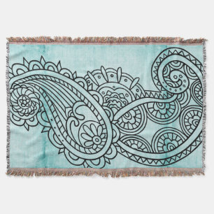 Turquoise Mehndi Motif Throw Blanket Deken