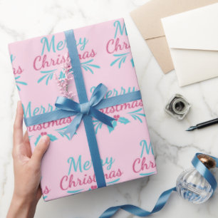 Turquoise Merry Christmas Pastel Roze Naadloos Cadeaupapier