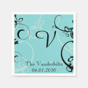 Turquoise met zwarte bloeiende monogram bruiloft servetten