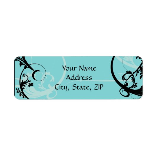Turquoise met zwarte swirl bloeien verfraaiing etiket (Voorkant)