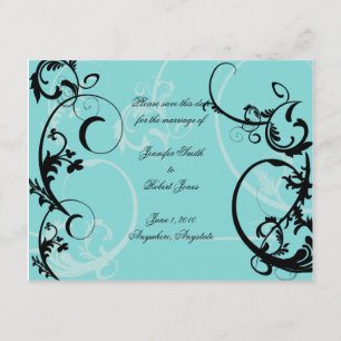 Turquoise met zwarte swirl bloeien verfraaiing save the date