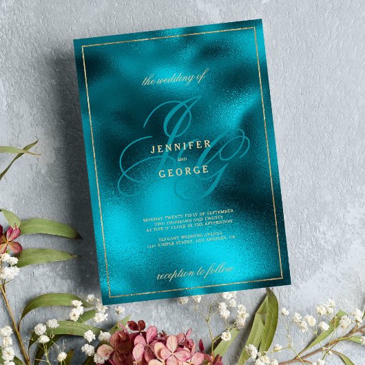 Turquoise metallic monogram initialen bruiloft kaart