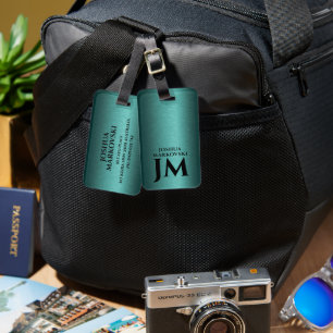 Turquoise Metallic Textuur Custom Black Typography Bagagelabel