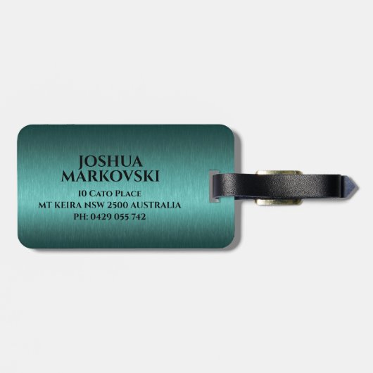 Turquoise Metallic Textuur Custom Black Typography Bagagelabel (Achterkant horizontaal)