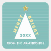 Turquoise Minimalistische Kerstboom Naam Vierkante Sticker (Voorkant)