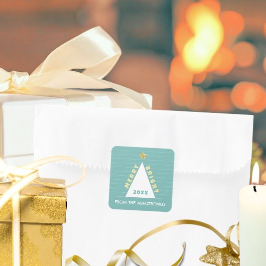 Turquoise Minimalistische Kerstboom Naam Vierkante Sticker