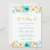 Turquoise Mint Gold Floral Romantic Chic Wedding Kaart (Voorkant)