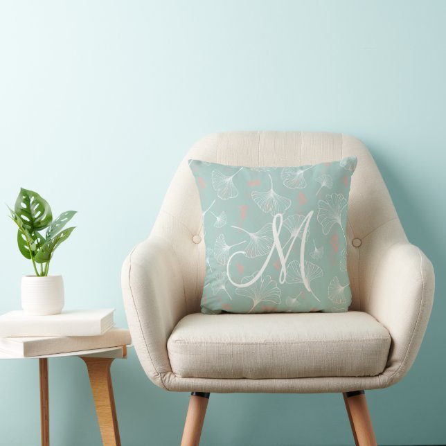 Turquoise Modern Ginkgo Monogram Sierkussen (Stoel)