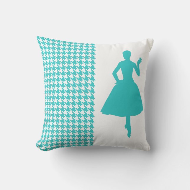 Turquoise Modern Houndstooth met Silhouette Kussen (Voorkant)