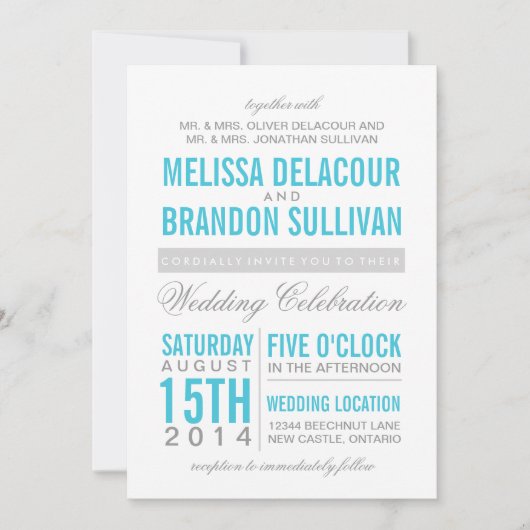 Turquoise Modern Typography Wedding Invitation Kaart (Voorkant)