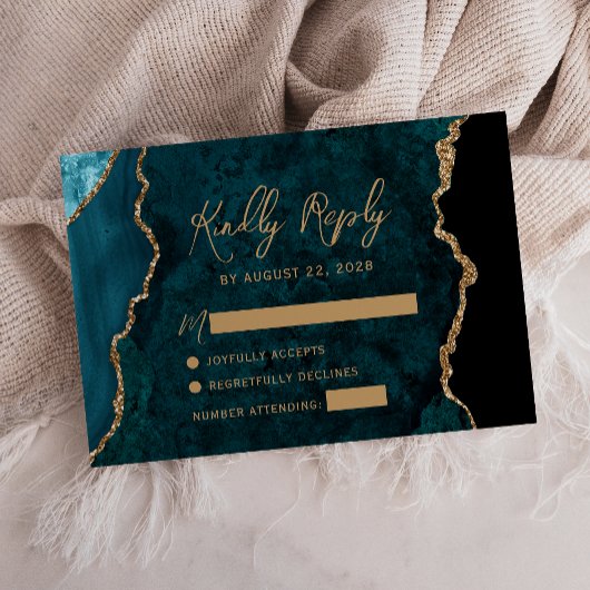 Turquoise moderne Agate Bleu Script Mariage RSVP