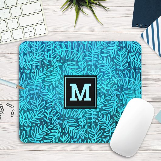 Turquoise monogram bladeren patroon modern muismat