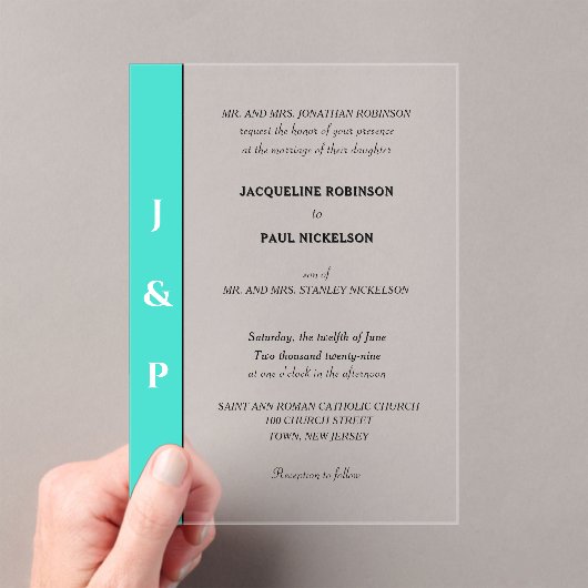 Turquoise Monogram Bruid en Bruidegom Clear Acryl Uitnodigingen (Insitu (Draagbaar))