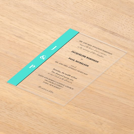 Turquoise Monogram Bruid en Bruidegom Clear Acryl Uitnodigingen (Laagn)