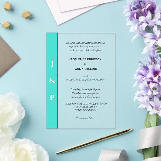 Turquoise Monogram Bruid en Bruidegom Clear Acryl Uitnodigingen (Insitu (Huwelijk))