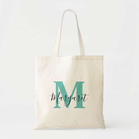 Turquoise Monogramme noir Nom de script Sac fourre (Devant)