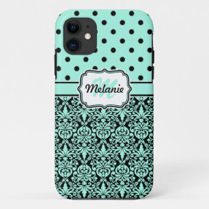 Turquoise Monogrammed Damask Polka Dots Pattern iPhone 11 Hoesje