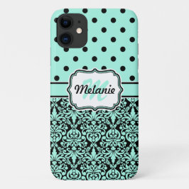 Turquoise Monogrammed Damask Polka Dots Pattern iPhone 11 Hoesje