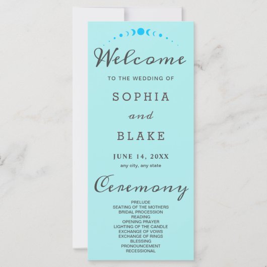 Turquoise Moon Phases Bord Blue Wedding Program (Voorkant)