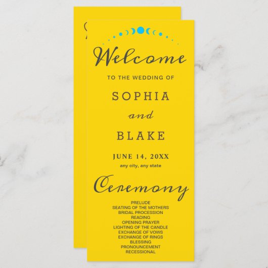 Turquoise Moon Phases Gold Wedding Programme (Devant / Derrière)