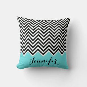 Turquoise munt met zwart-wit Chevron Custom Kussen